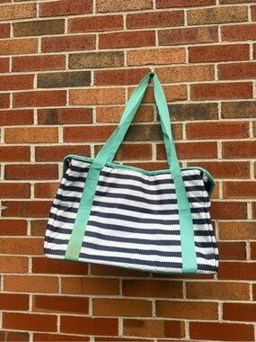 Navy & White Striped Insulated Cooler Tote Bag Mint Green Large Beach Picnic